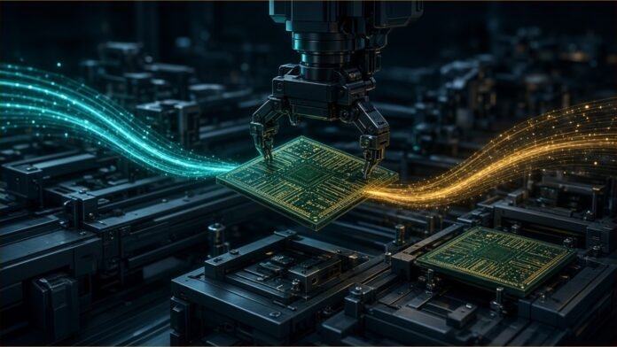 Tesla and Nvidia $2.8bn Substrate Deal Reported | TSN Illustration of a robotic arm lifting a chip substrate on a dark production line, with teal and amber streams of light flowing into it from either side