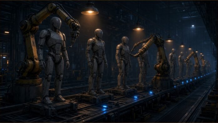 Tesla Starts Optimus Production in Fremont | TSN Illustration of generic grey humanoid robot frames standing in a row on a dim factory assembly line, with yellow robotic arms fitting parts under amber lamps