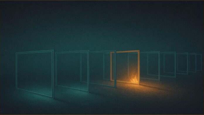 Illustration of Optimus reservations concept in teal and amber: a row of empty teal outlined frames receding into the distance, with one frame half lit in flickering amber.