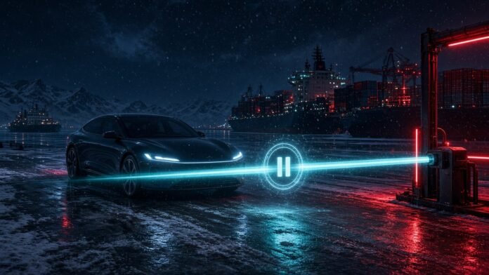 Wireframe sedan parked behind a closed digital gate beside a part-empty progress bar