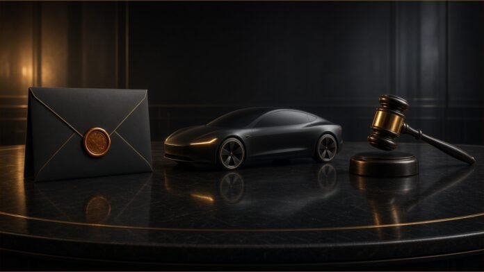 Tesla Files Proxy for December Board Vote | TSN Illustration of a sealed envelope, an electric car model and a gavel on a dark table.