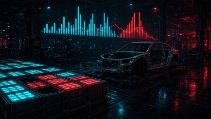 Illustration of a half-built electric car on a factory line at night beside stacks of glowing battery cells