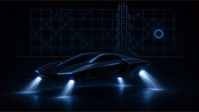 Tesla Roadster Explained: Thrusters, Delays, 2028 | TSN Illustration of a generic wedge-shaped sports car hovering on gas jets over a dark test pad, with a calendar grid of struck-through dates behind it.