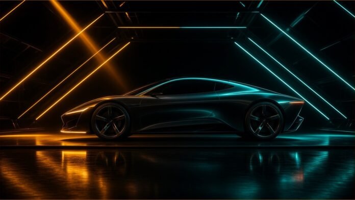 Sleek electric car silhouette under a lattice of light, with a countdown tick and a dashed outline