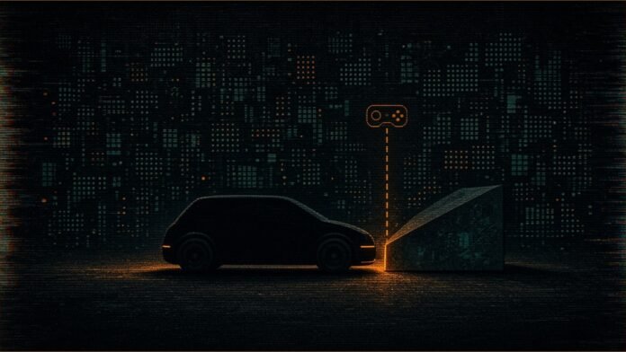 Dark dashboard silhouette with remote-operator signal path into a neon vehicle outline