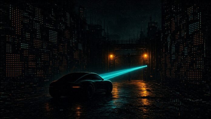Dark cypherpunk-style night scene of a sleek car in a rain-slick street between glowing city blocks, a teal light beam running ahead toward a lit gate.