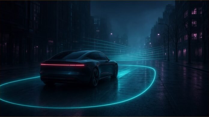Illustration of an unbadged electric car driving alone down a dark city street inside a glowing cyan boundary, with scan lines sweeping ahead
