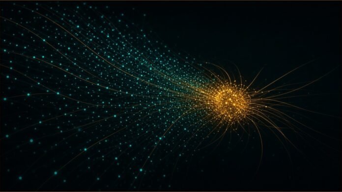 Illustration of teal points streaming along amber paths into one bright cluster.