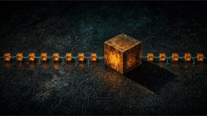Illustration of an oversized amber block hidden in a row of small glowing cubes, linked by a thin teal trail