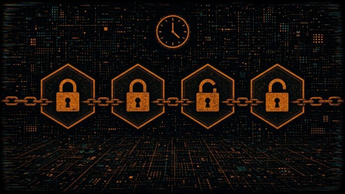 Four chained hexagonal vault tiles with padlocks turning from closed to open under a clock glyph.