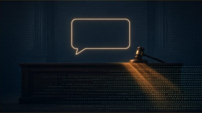 Illustration of a glowing chat window above an empty courtroom bench, with a gavel casting an amber shadow across lines of code