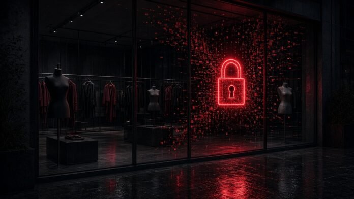 Hobbs, Phase Eight and Whistles Owner Hit by Cyber Incident Red neon padlock over a darkened fashion boutique window