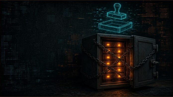 TG-iPASS Portal Hit by Suspected Ransomware Attack | TSN Illustration of a server cabinet with its door ajar, glowing drives wrapped in chains, beneath a faint cyan outline of a stamp over an empty tray