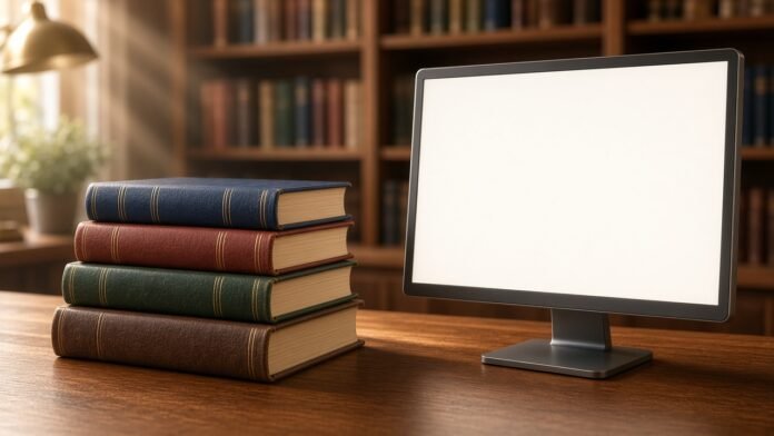 Stacked law books beside a blank computer screen in soft library light