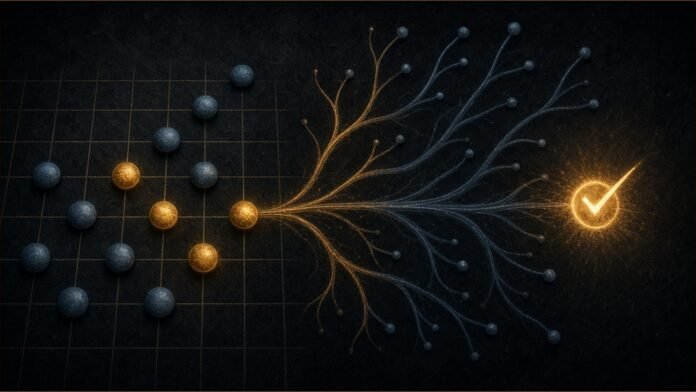 Illustration of a Go board grid branching into a glowing reasoning tree that ends in a checkmark.