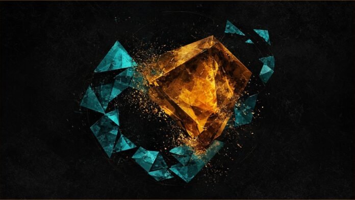 Illustration of a large amber geometric shape merging with a ring of teal shards.