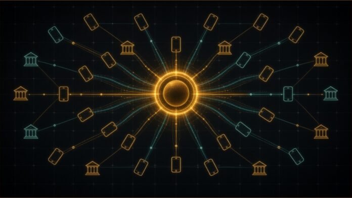 Thunes and Coinbase Link Fiat and Stablecoins | TSN Illustration of a glowing token sending payment streams to phone and bank nodes.