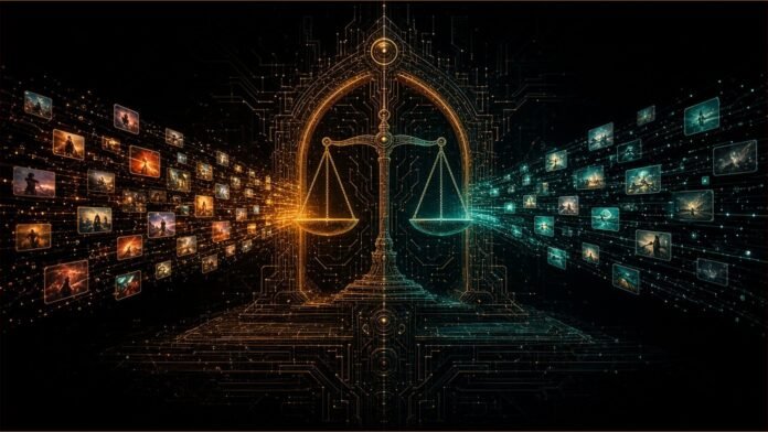 Glowing circuit-trace gate standing over a grid of small app tiles, with balance scales in the background