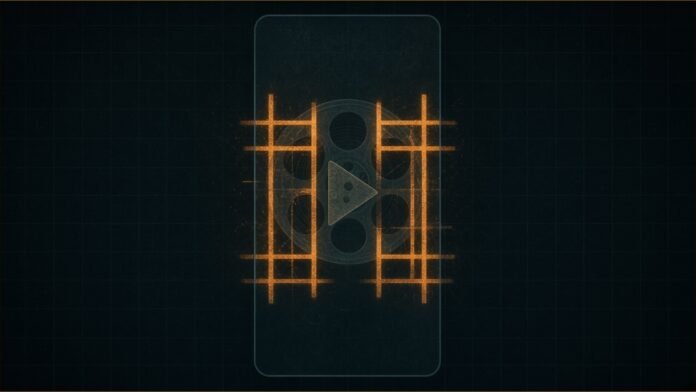 TikTok Bans 'Musk' Film Account, Citing Politics | TSN A dimmed film reel inside a phone-shaped frame behind glowing amber bars.