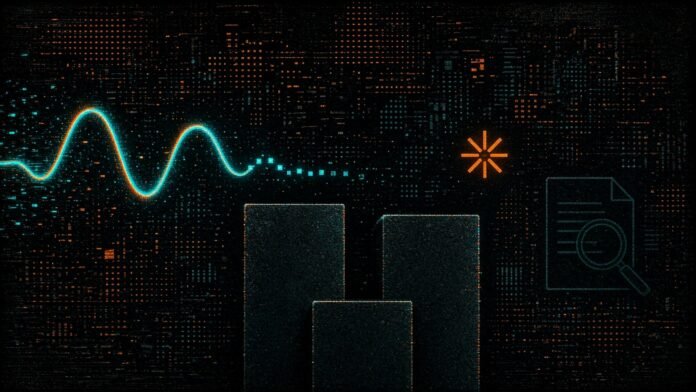 Symbol-only illustration of a time-series chart glyph feeding a small model glyph that tops a podium of ranked bars, with a dotted caveat marker beside the leading bar.