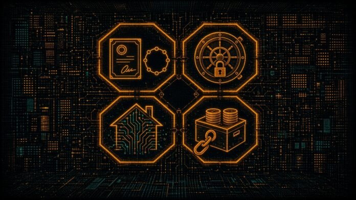 Four linked amber hexagon tiles on a dark circuit grid: a share certificate beside a token ring, a vault door with a padlock, a circuit-trace house, and a coin stack in a fund box joined by a chain link.