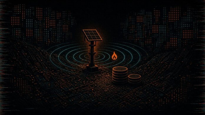 A solar-panel-topped sensor pole with signal rings around a small flame glyph, beside a larger and a smaller stack of coins.