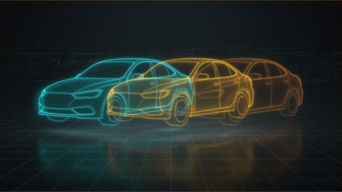 Illustration of three overlapping sedan outlines over a factory grid.