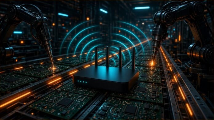 TP-Link Tells FCC It Could Assemble Wi-Fi 8 Routers in US Sleek router silhouette with glowing antennae half assembled on a circuit board conveyor, passing a translucent checkpoint