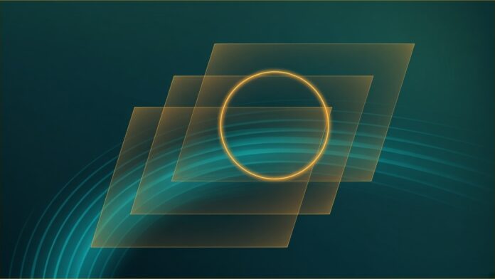 Illustration of TRAI AI guidelines concept in teal and amber: teal arcs of light rising from the lower left through three stacked translucent amber frames, with a glowing amber ring at their centre.