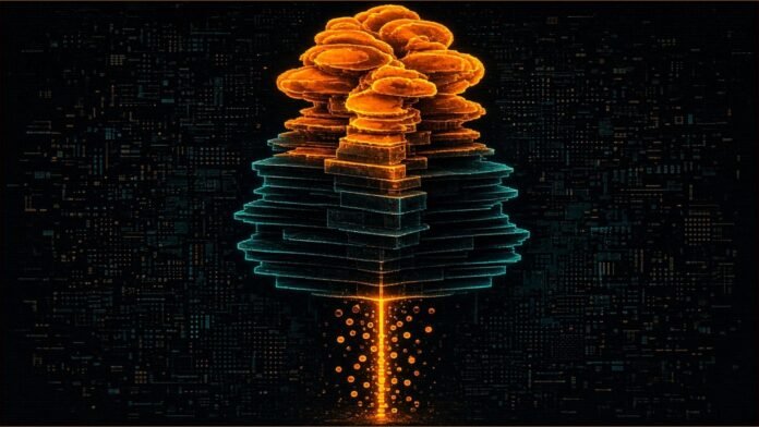 Tranche Vault on Avalanche Drained of $1.01m | TSN Illustration of a glowing layered vault with a thin amber siphon pulling a stream of coins from its base as extra slabs swell at the top.