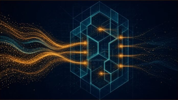Illustration of glowing amber capital-flow streams passing through a translucent teal hexagonal checkpoint lattice, where barrier nodes filter the flows on a dark circuit background