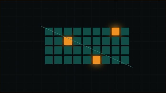Treasury Sanctions 10 Over North Korean IT Workers | TSN Illustration of a grid of teal tiles with three glowing amber tiles and a thin diagonal line.