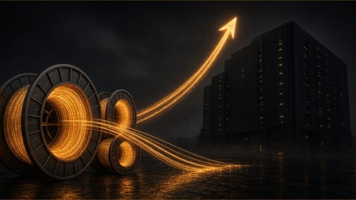 Illustration of glowing optical fibre spools feeding cable towards a dark data-centre building under a rising arrow.
