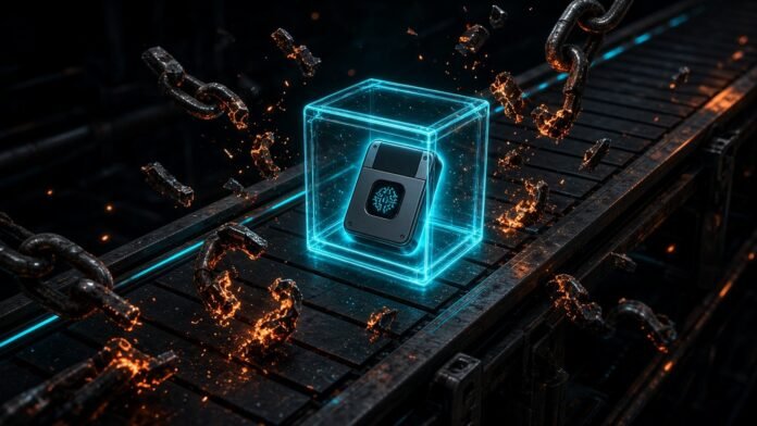 Trezor Shrinks Reseller Network After Supply-Chain Incidents Network map with outer nodes cut away around a padlocked hardware wallet