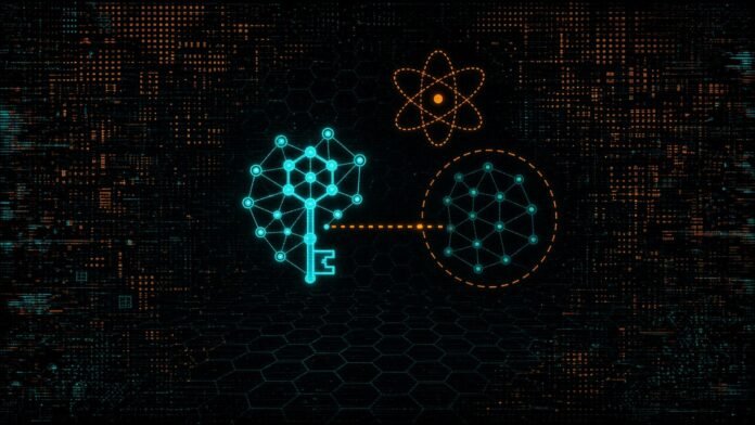 Symbol-only illustration of a glowing lattice-shaped key inside a bright cluster of nodes, with a dotted line stopping short of a larger dashed-outline cluster and an atom orbit above.
