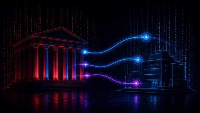 Three glowing nodes moving from a lab building into a columned government building
