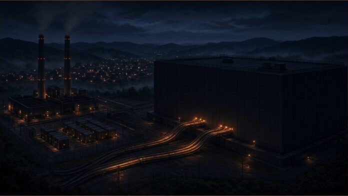 Illustration of a windowless data centre at night fed by glowing cables from its own power plant, with a small town lit up in the distance