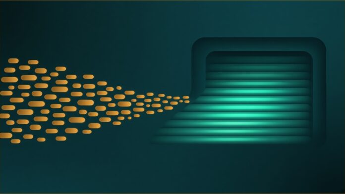 Illustration of presidential records concept in teal and amber: a stream of small rounded amber light shapes flowing from the left into a recessed teal chamber of glowing stacked light layers on the right.