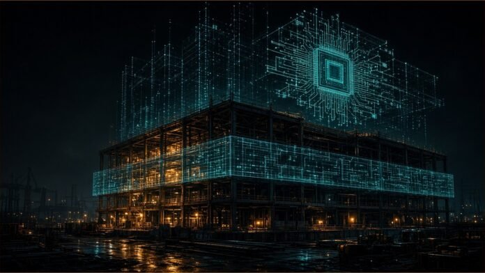 Fab block on a city grid adding a second glowing wafer ring beside an earlier one, with a timeline tick of light