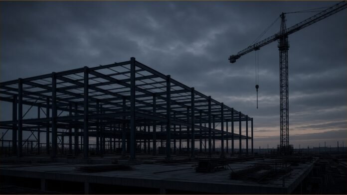 TSMC Halts Steel Work in Taiwan After Four Deaths | TSN Illustration of the bare steel frame of an unfinished industrial building and an idle crane at dusk