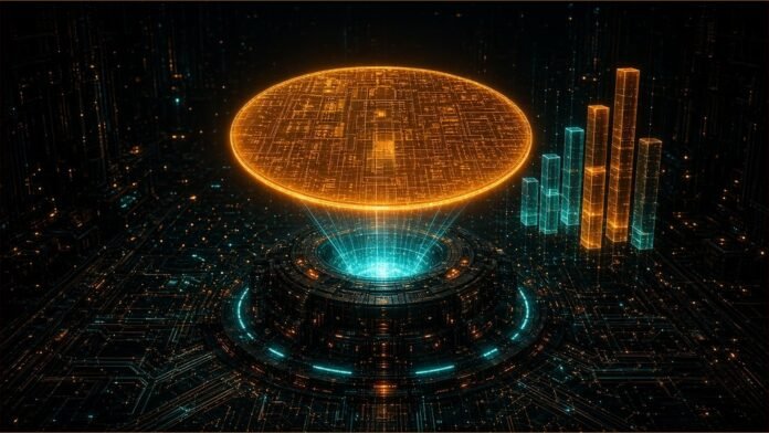 TSMC Q3 Revenue NT$1,494.24bn; Q4 Guide $52.3–54.3bn Dark wafer disc etched with concentric rings of light beside a rising ribbon of teal nodes