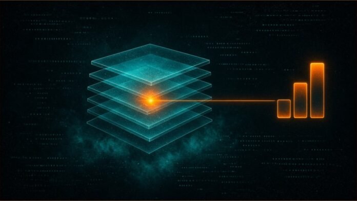 Illustration of glowing translucent slices linked by a line of amber light to a three-step bar gauge.