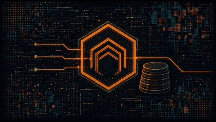 A large hexagonal gate with three data lines entering and one clean line leaving, beside a rising stack of blank coins.