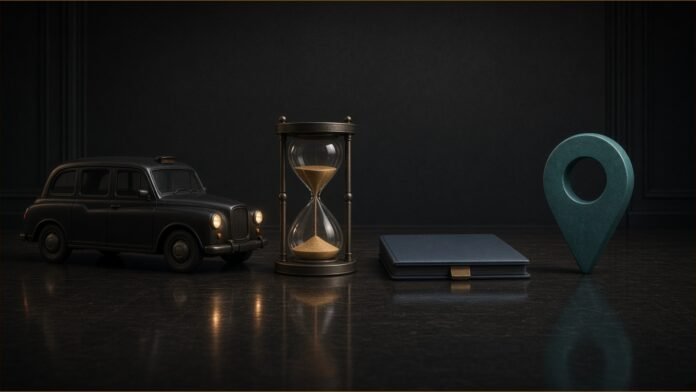 Illustration of a London-style taxi, an hourglass, a closed case file and a map pin on a dark courtroom floor.