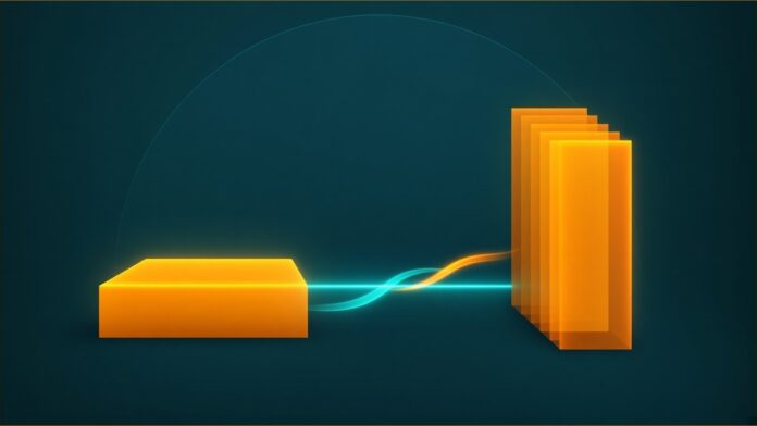 Illustration of Uber Canton concept in teal and amber: a flat amber block and a tall layered amber block facing each other across a dark teal field, joined by a short teal light bridge with streams of teal and amber light crossing it, under a faint teal arc.