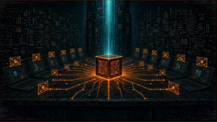 Illustration of rows of open laptops linked by glowing amber data lines to a central glowing cube, beneath a dark monolithic server tower