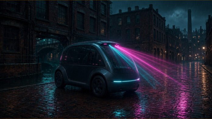 Sensor-topped car silhouette on a rain-streaked neon street grid with glowing tram lines