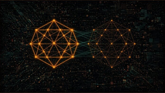 UCL Digital Twins Model Breast Cancer Treatment | TSN Illustration of two mirrored amber wireframe shapes, one solid and one dotted, joined by thin teal threads.