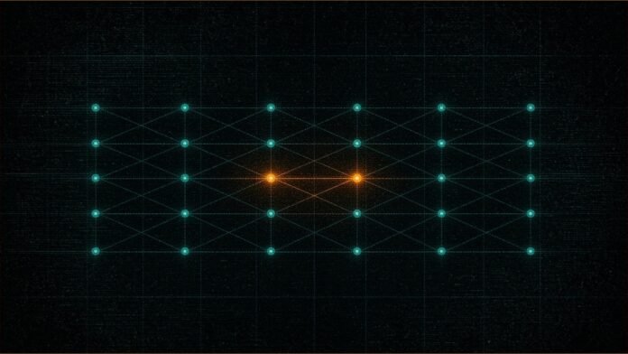 Illustration of a grid of teal nodes linked by fine lines, with one pair glowing amber.