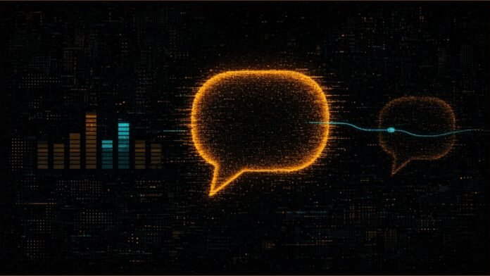 Illustration of a glowing amber speech-bubble shape with a teal thread running to a second fainter bubble, beside a row of bars with one offset in teal